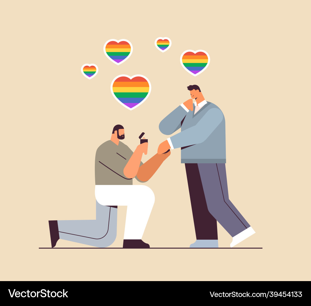 Gay proposing to man down on knee with engagement Gay proposing to man down on knee with engagement vector image