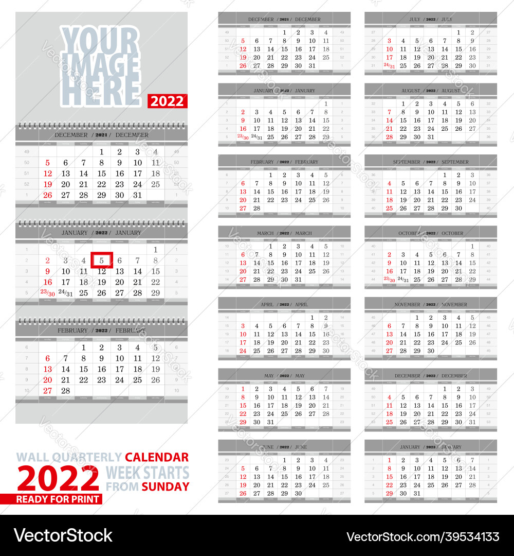 Wall quarterly calendar 2022 week start from Wall quarterly calendar 2022 week start from vector image