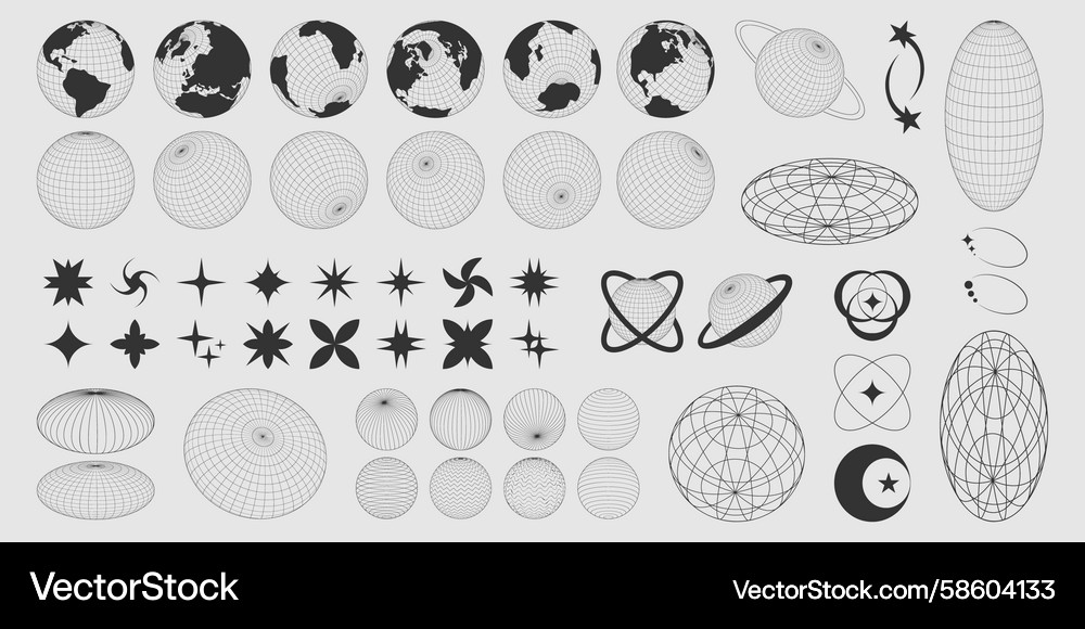 Y2K Wireframe Planets & Rings Vector Image