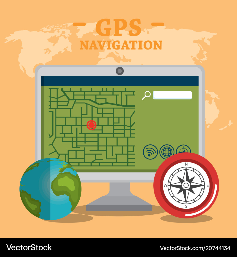 Desktop computer with gps navigation software Desktop computer with gps navigation software vector image