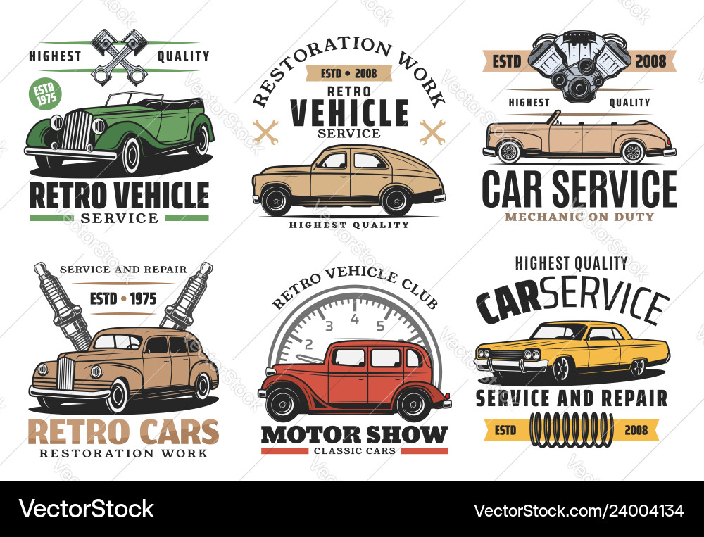 Retro Autos Service Auto Show und Ersatzteil-Shop Retro Autos Service Auto Show und Ersatzteil-Shop vektorbild