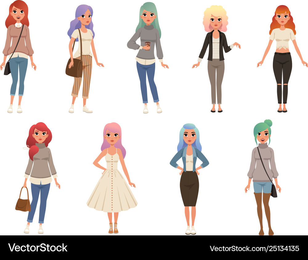 Beautiful young women with long dyed hair set Beautiful young women with long dyed hair set vector image