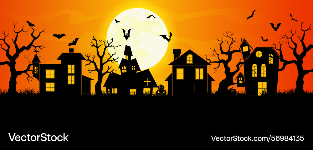 Halloween houses silhouette - spooky night scene Vector Image