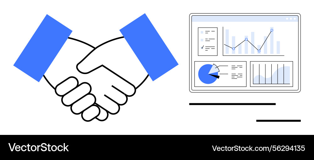 Handshake with business data analytics display Handshake with business data analytics display Vector Image