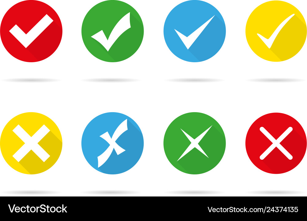 Set of colored check marks and crosses with shadow Set of colored check marks and crosses with shadow vector image
