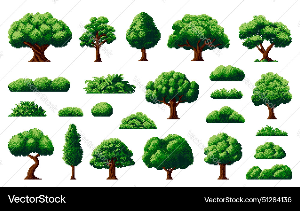 8bit forest pixel tree bush arcade game assets 8bit forest pixel tree bush arcade game assets vector image