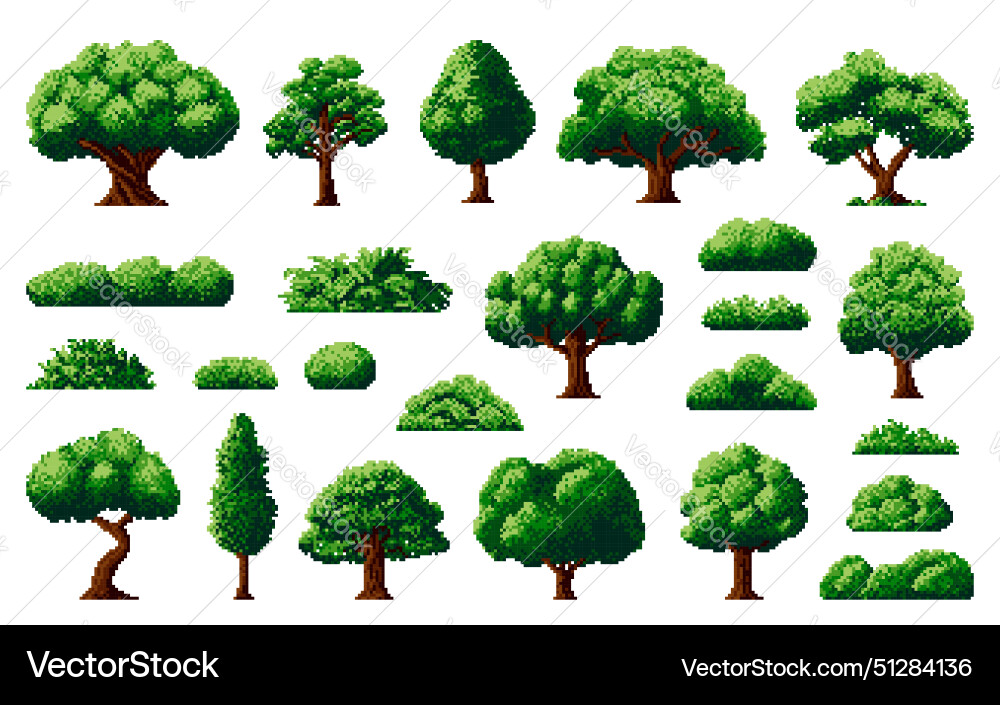 8bit forest pixel tree bush arcade game assets vector image