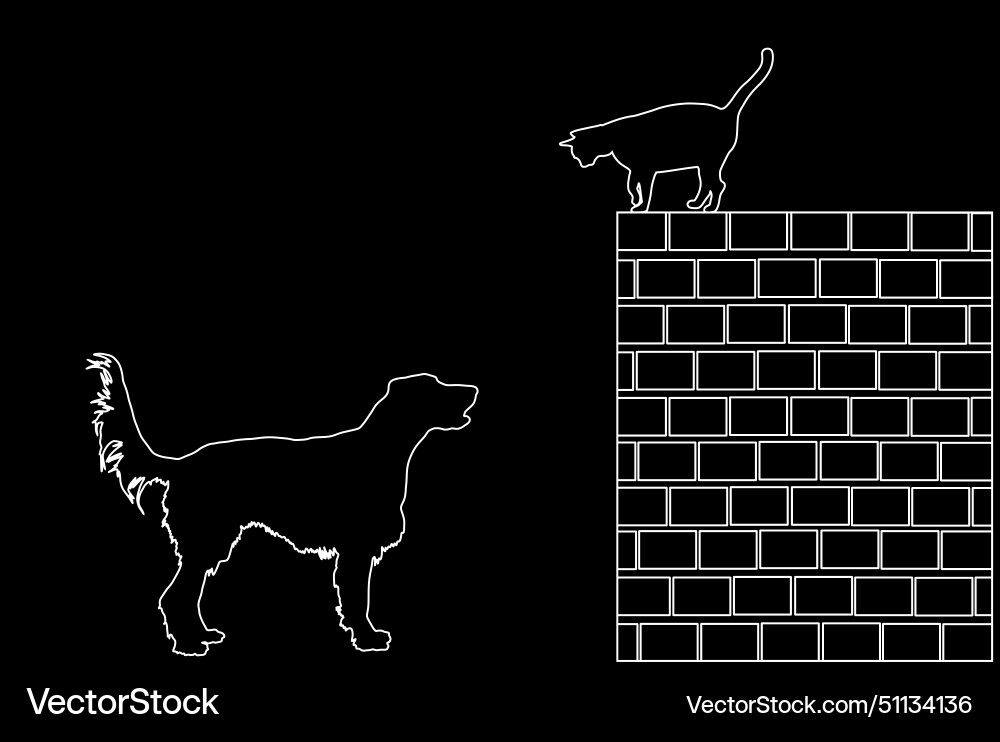 Dog stalks the cat on brick wall line contour Dog stalks the cat on brick wall line contour vector image