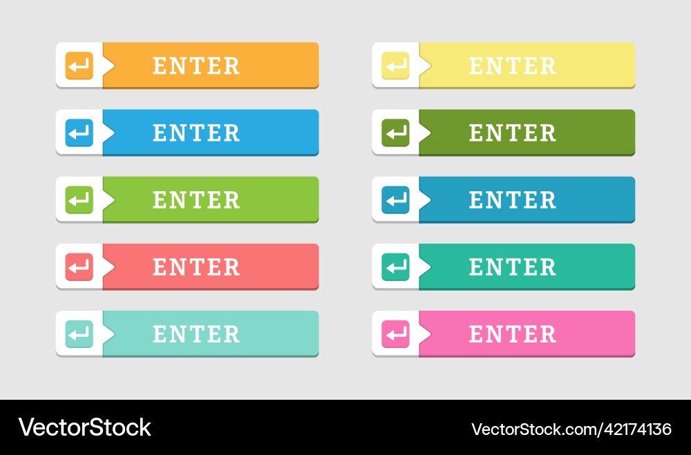 Set of colored buttons labeled enter and an arrow vector image