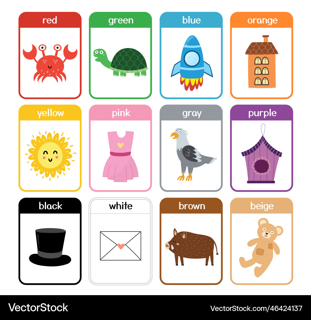Color flashcards collection with cute animals Color flashcards collection with cute animals vector image