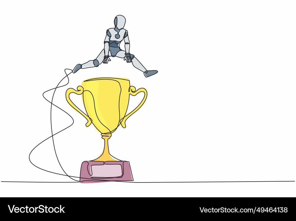 Continuous one line drawing robot jumping over vector image