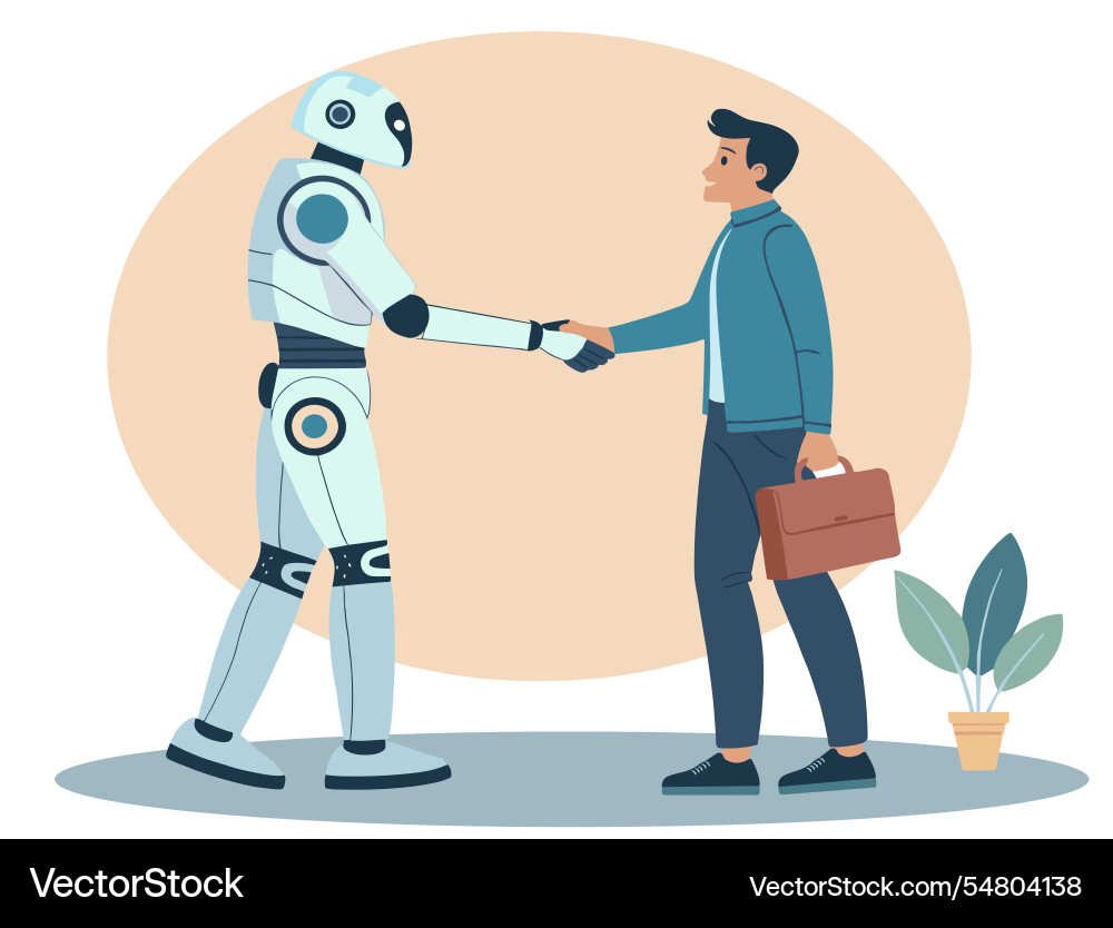 Man and robot shaking hands standing Vector Image