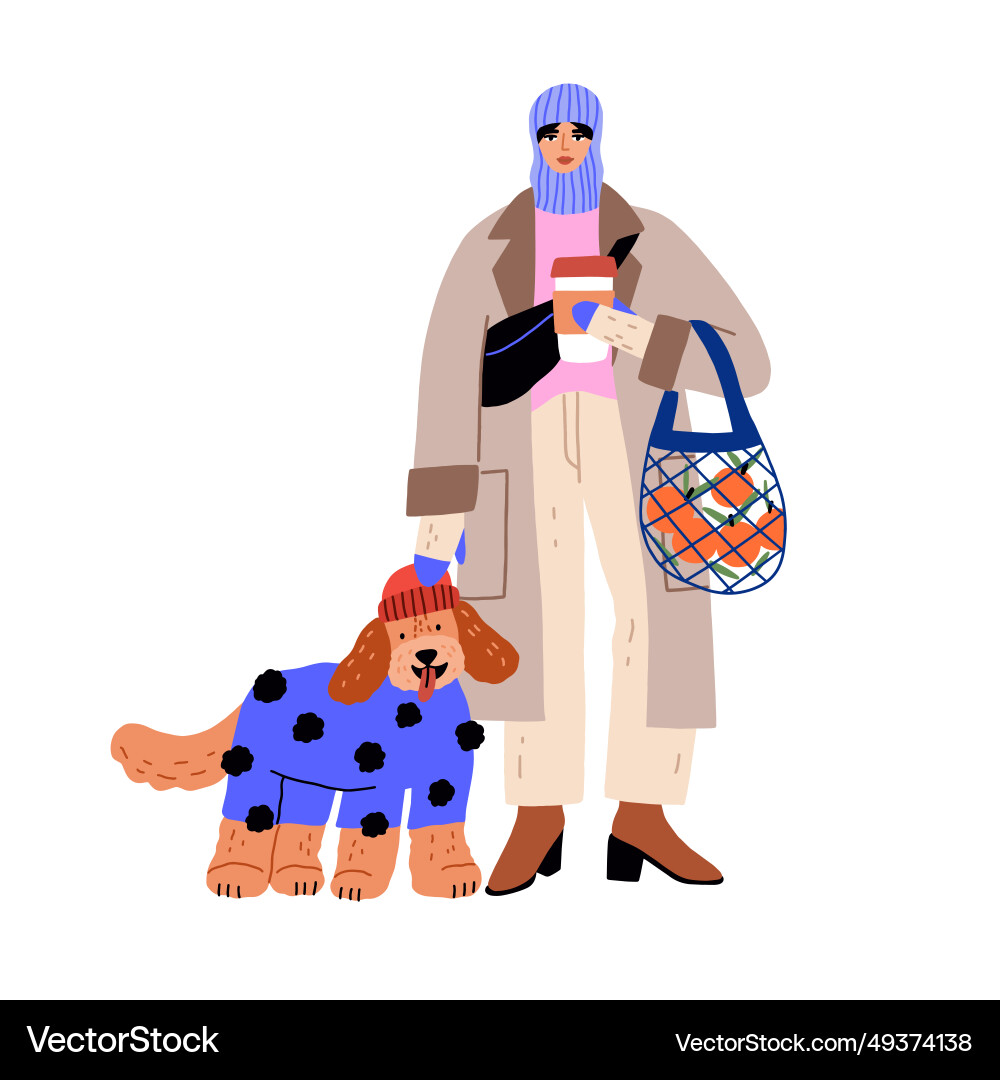 Modefrau und niedlicher Hund an Winterferien Modefrau und niedlicher Hund an Winterferien vektorbild