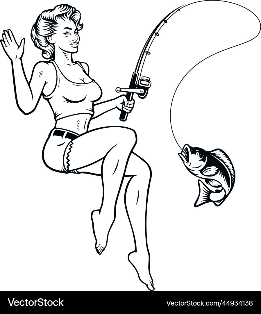 Monochrome fishing trip with a pin up girl vector image