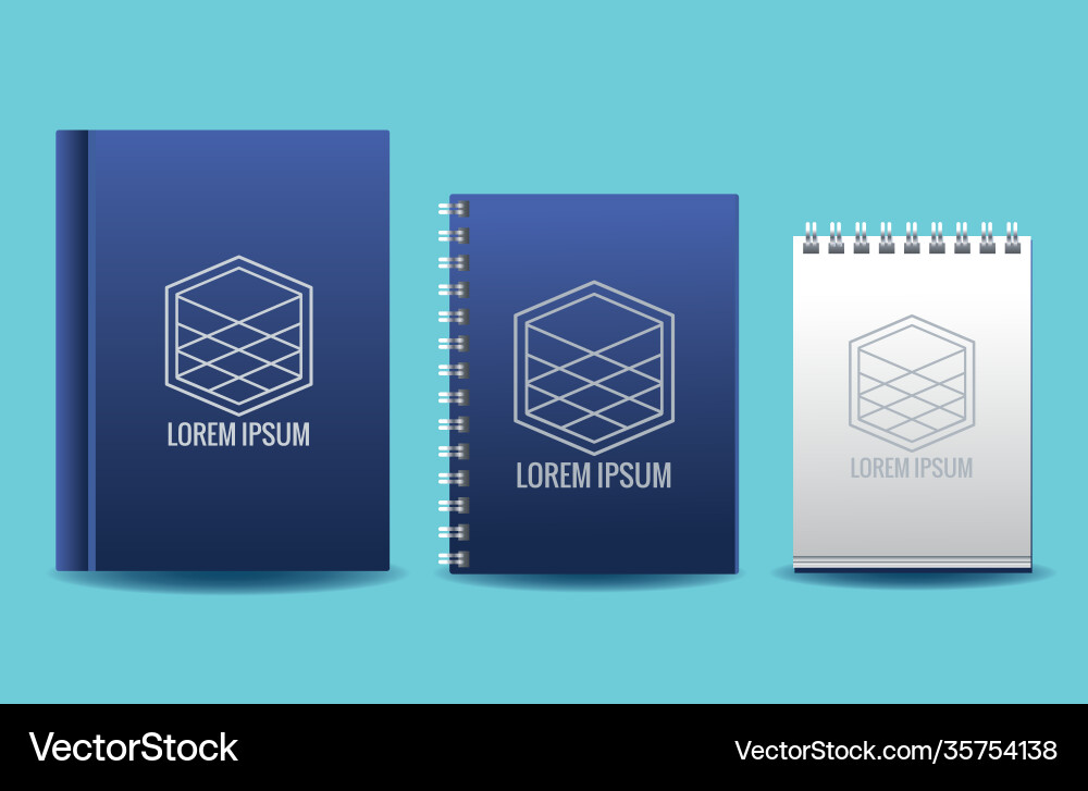 Notebooks with cubes emblems mockup branding vector image