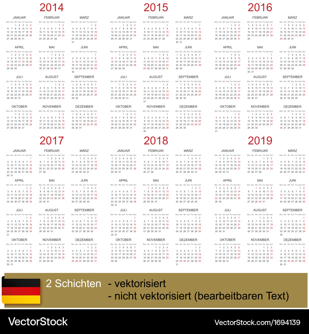 2014-2019 Calendar - Monthly View – Royalty-Free Vector | VectorStock, image size:1000x1080