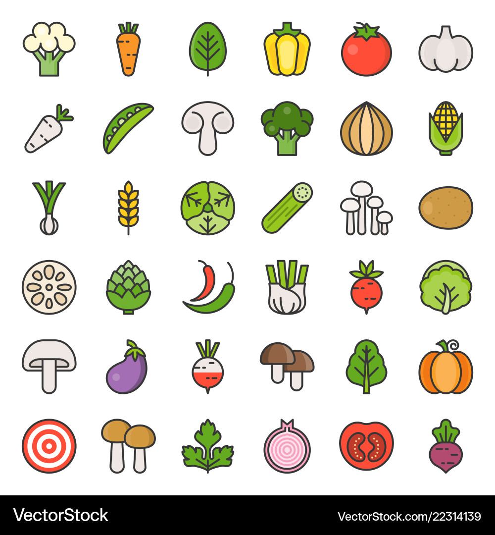 Cute vegetable and mushroom filled outline icon Cute vegetable and mushroom filled outline icon vector image