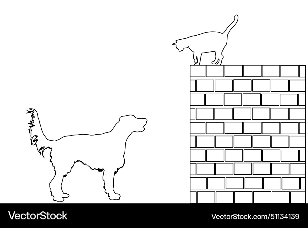 Dog stalks the cat on brick wall line contour Dog stalks the cat on brick wall line contour vector image
