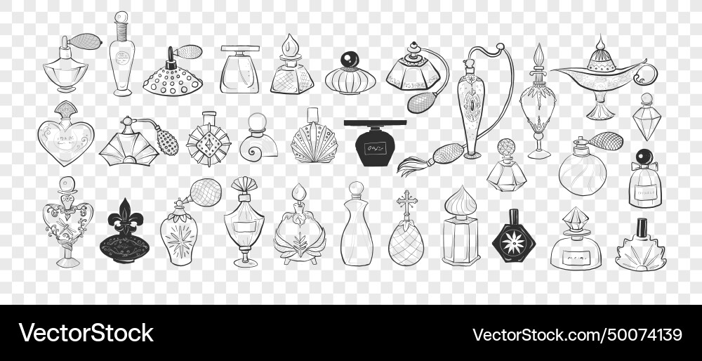 Sammlung von Doodle Vintage Parfümflaschen Sammlung von Doodle Vintage Parfümflaschen vektorbild