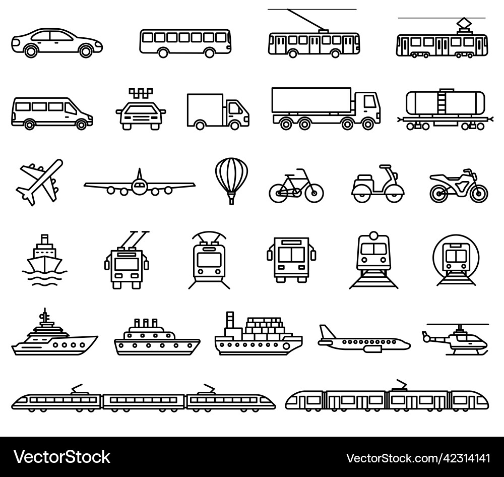 Transport Line Icons - Vehicle Collection Vector Image