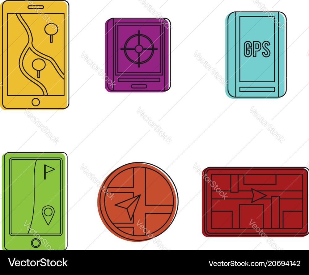 Gps device icon set color outline style Gps device icon set color outline style vector image