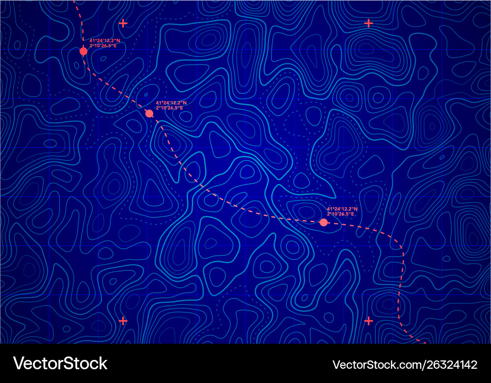 Topographic Map with Route & Coordinates Vector Image