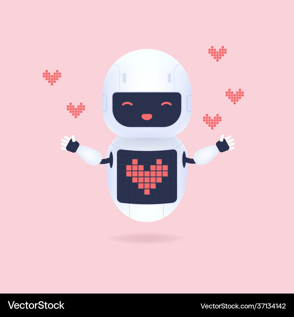 White friendly robot with heart shape symbol White friendly robot with heart shape symbol vector image