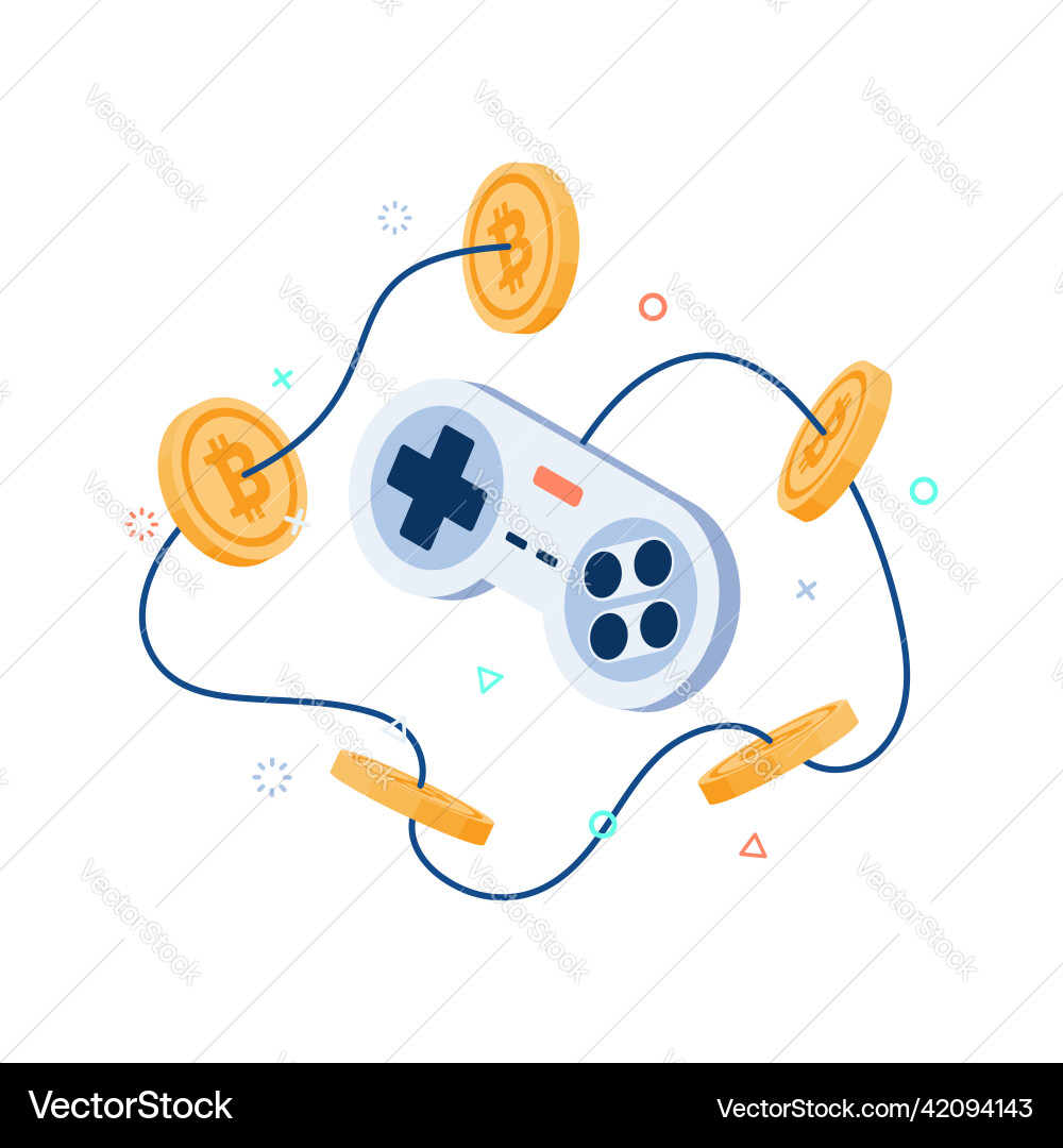 Isometric classic game controller with bitcoin vector image