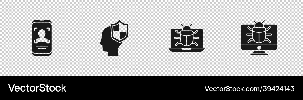 Set mobile and face recognition head with shield Set mobile and face recognition head with shield vector image