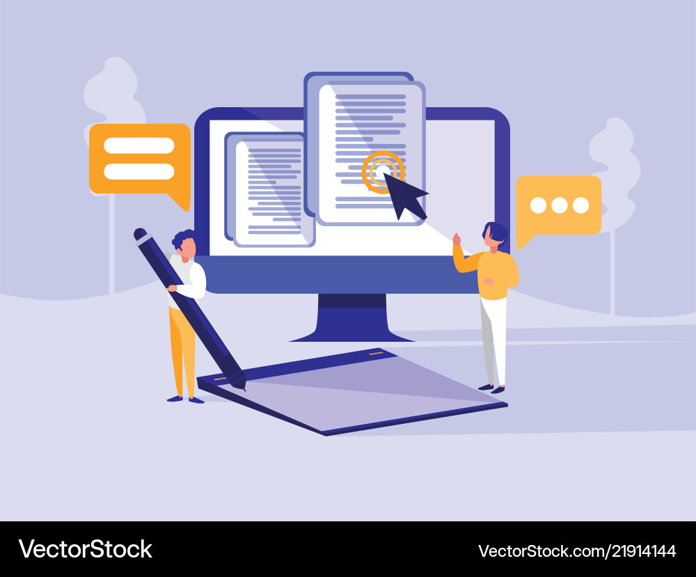 Group of men with monitor computer in landscape vector image