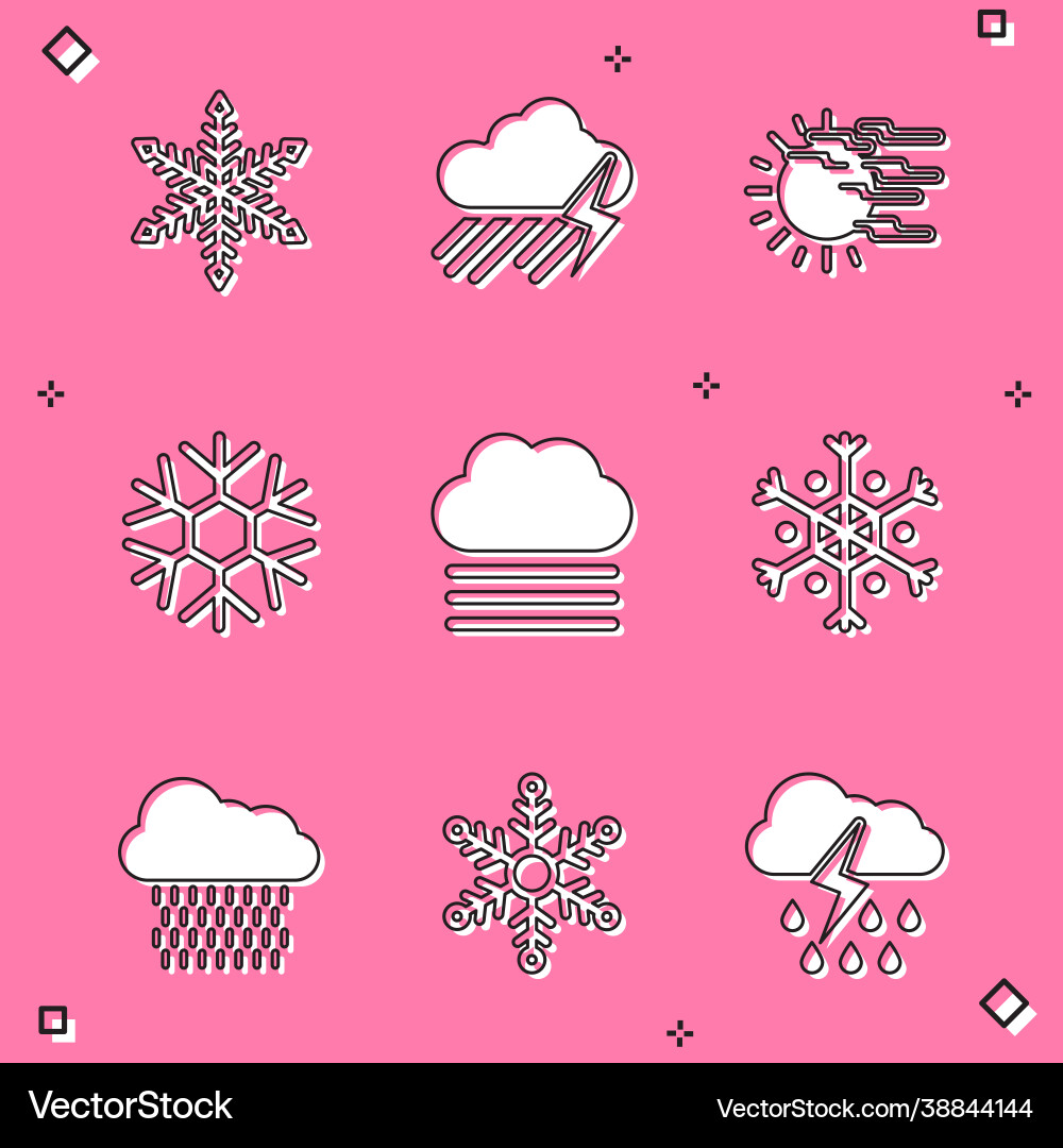 Set snowflake cloud with rain and lightning fog Set snowflake cloud with rain and lightning fog Vector Image