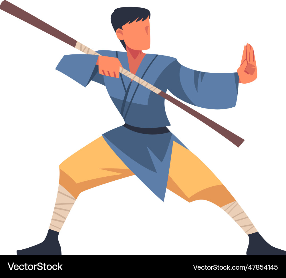 Man engaged in wushu or kung fu with stick Man engaged in wushu or kung fu with stick vector image