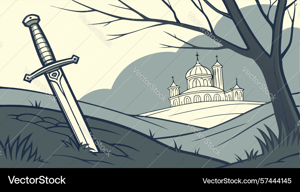 Sword in forest with distant castle scene design Vector Image