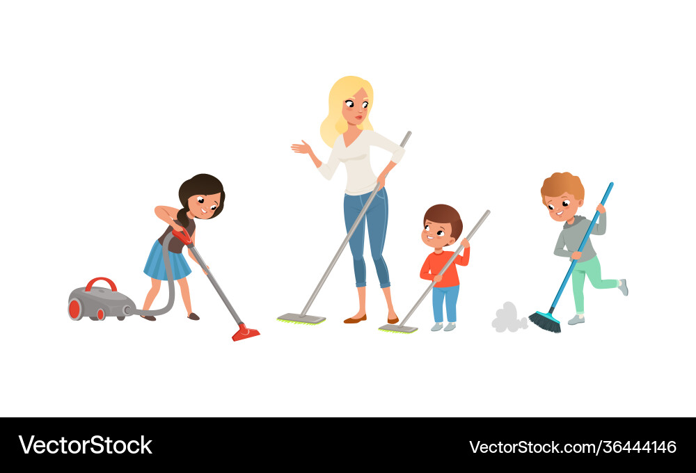 Cute kids cleaning and vacuuming floor set vector image