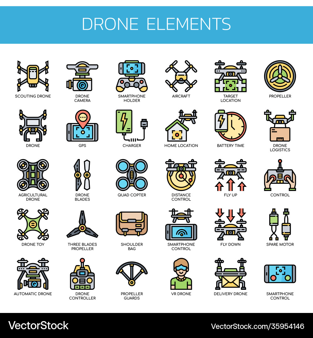 Drone elements thin line and pixel perfect icons vector image