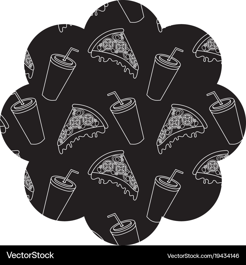 Frame with pizza and soda pattern background Vector Image