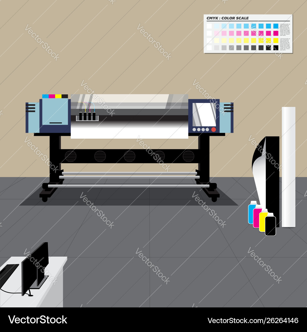 Retro color large format printer in room Retro color large format printer in room Vector Image