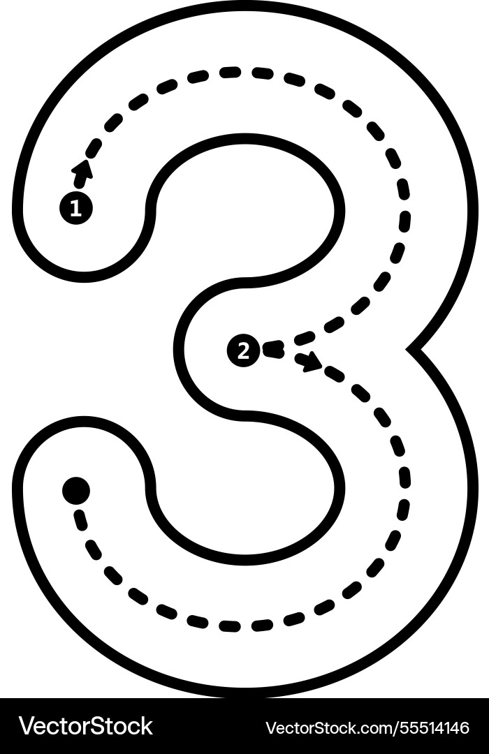 Tracing number 3 prewriting dotted line math vector image