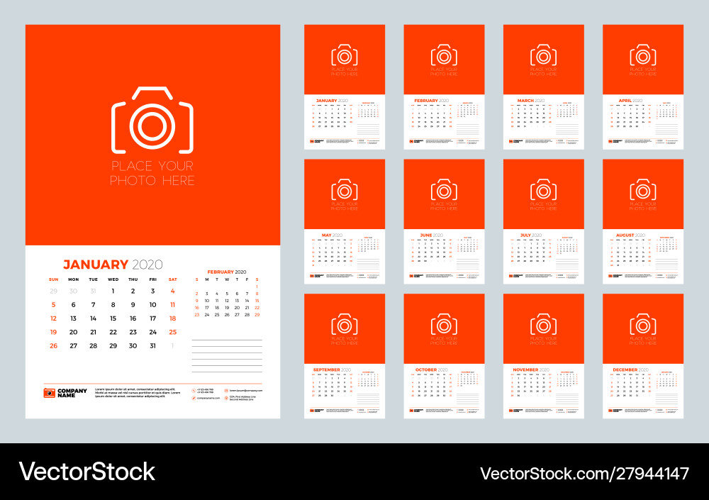 Calendar for 2020 year wall planner Calendar for 2020 year wall planner vector image