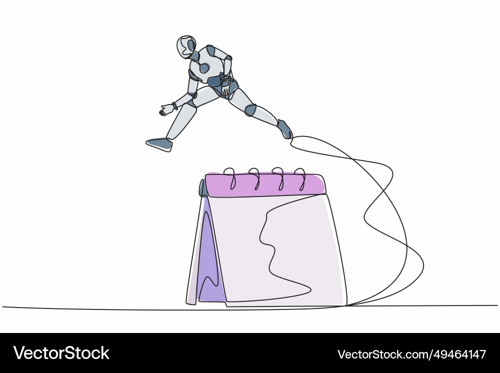 Continuous one line drawing robot jumping over Continuous one line drawing robot jumping over vector image