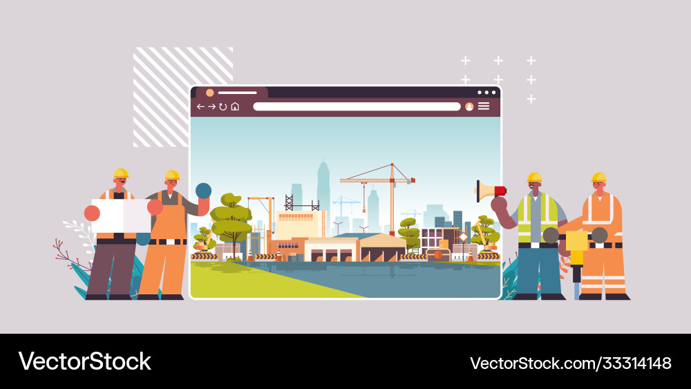 Builders and engineers in uniform working Builders and engineers in uniform working Vector Image