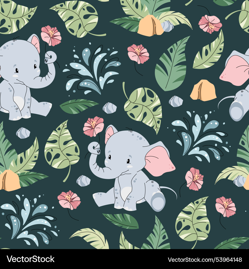 Seamless pattern with cute elephants in flat Vector Image