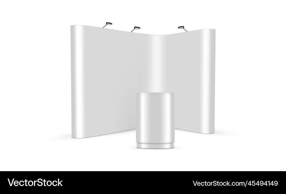 Blank pop up display stand with lights and table vector image