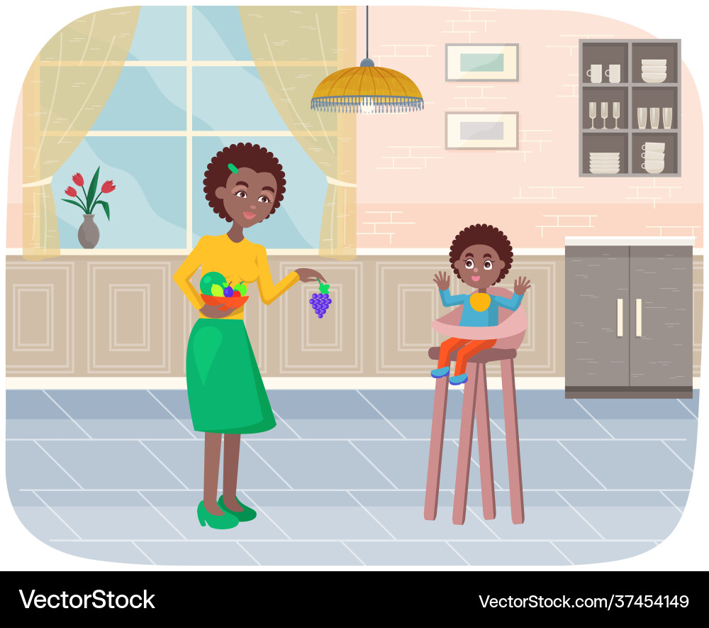 Mother gives baby fresh ripe fruit take care Mother gives baby fresh ripe fruit take care vector image