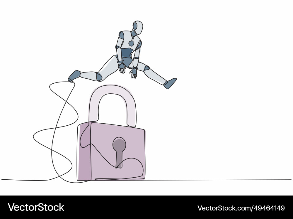 Single continuous line drawing robot jumping big vector image