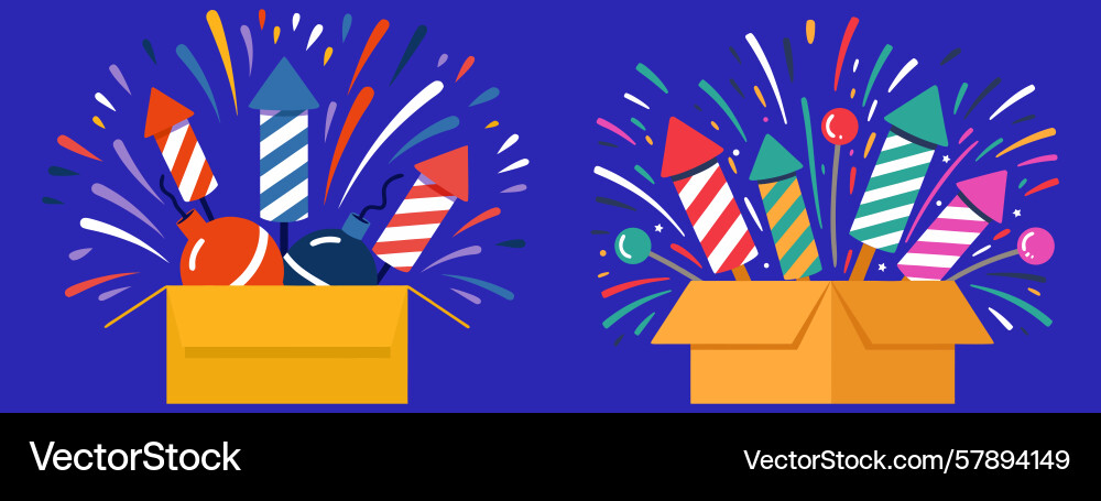 Two boxes of colorful fireworks exploding Two boxes of colorful fireworks exploding Vector Image