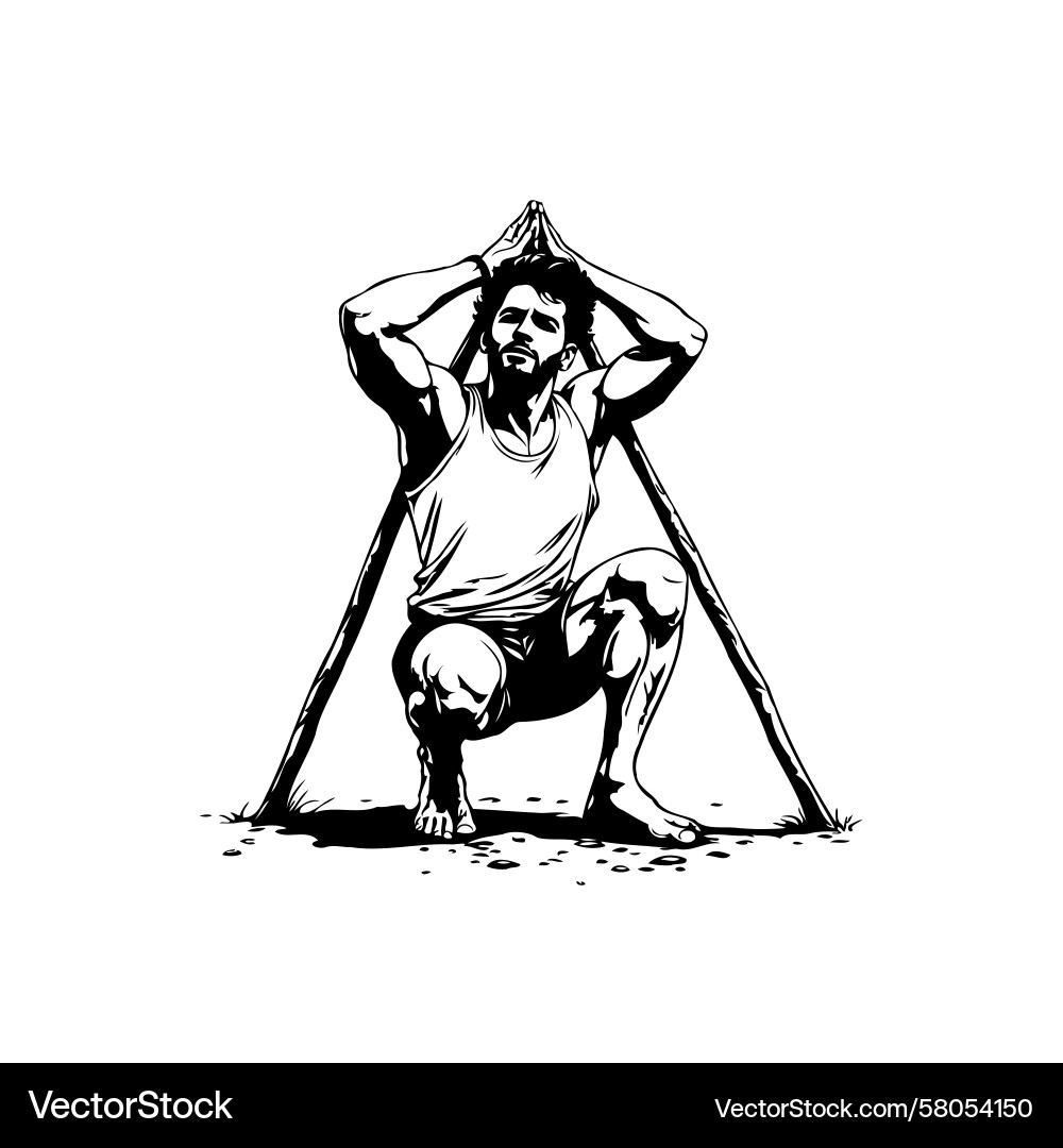 Man in Squat Pose with Hands on Head Vector Image