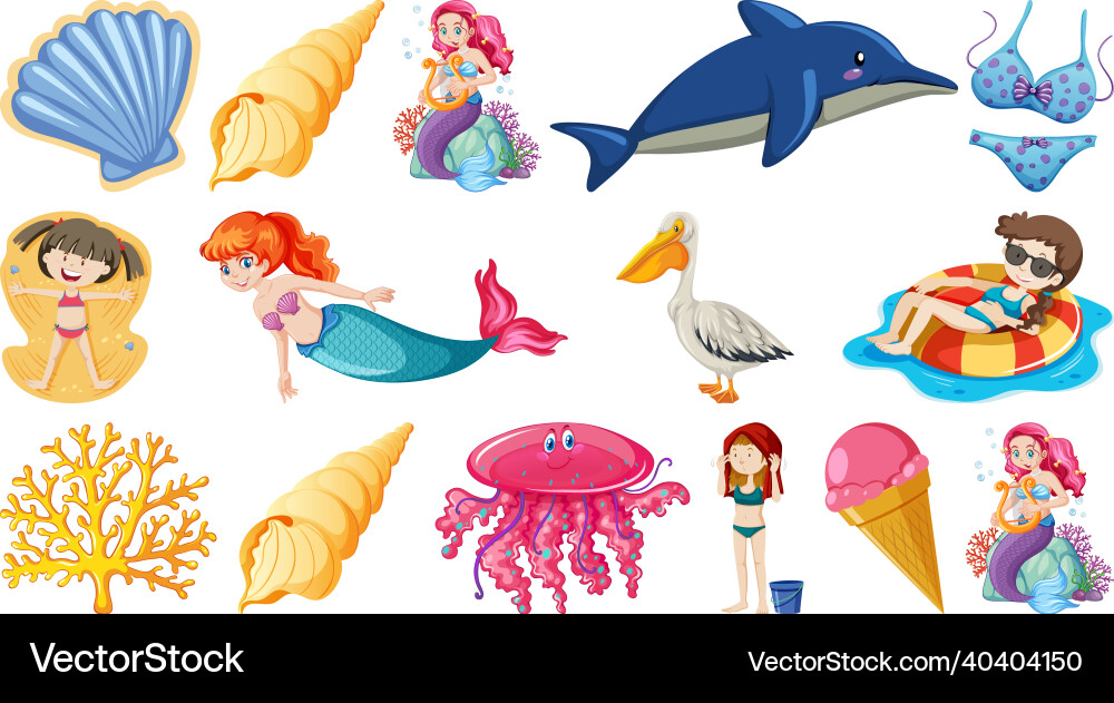 Set of summer beach objects and cartoon characters Set of summer beach objects and cartoon characters vector image