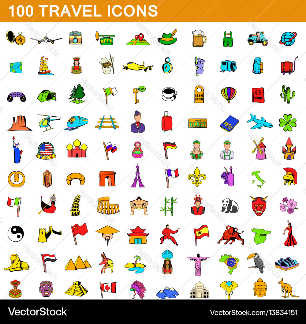 100 Reisesymbole Set Cartoon Stil 100 Reisesymbole Set Cartoon Stil vektorbild
