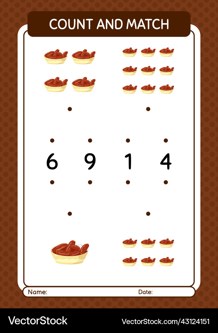 Count and match game with bowl of dates worksheet vector image